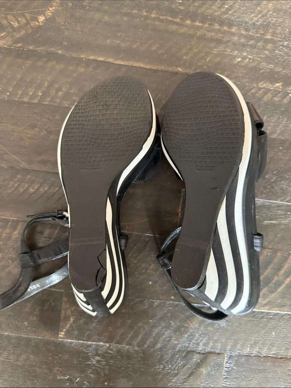 Stuart Weitzman Attitude Black White Striped Wedge Sandals - Picture 5 of 7